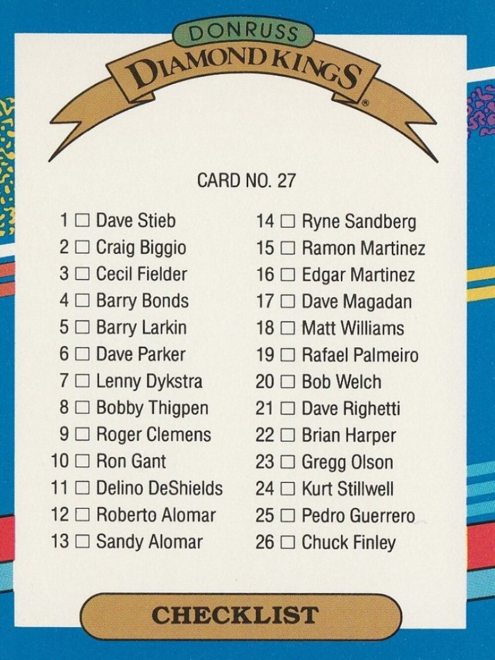 Checklist Card - 1990 Leaf Inc Donruss Diamond Kings Series Baseball Card